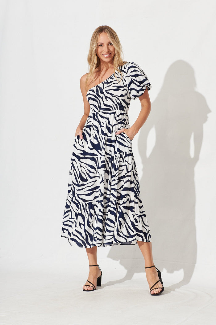 Hamy One Shoulder Midi Dress In White With Navy Zebra Print - full length