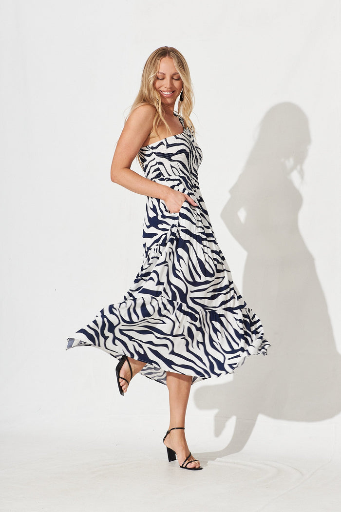 Hamy One Shoulder Midi Dress In White With Navy Zebra Print - right side