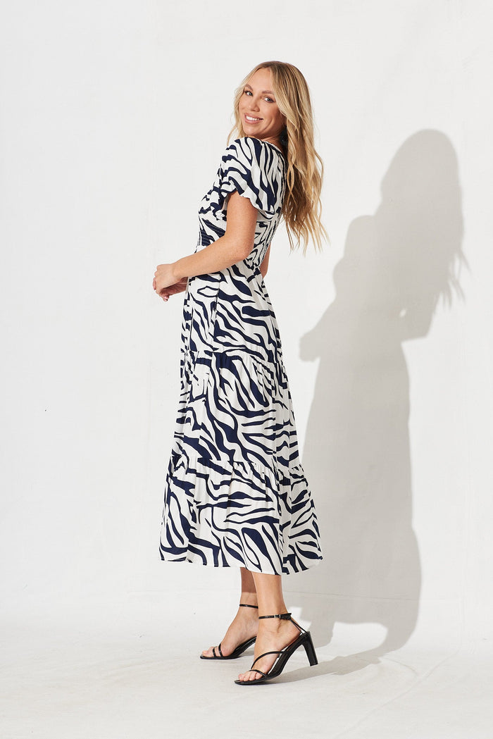 Hamy One Shoulder Midi Dress In White With Navy Zebra Print - left side