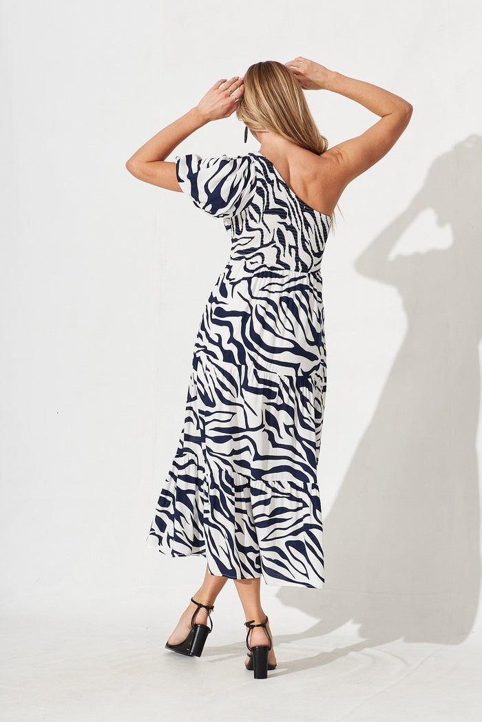 Hamy One Shoulder Midi Dress In White With Navy Zebra Print - back