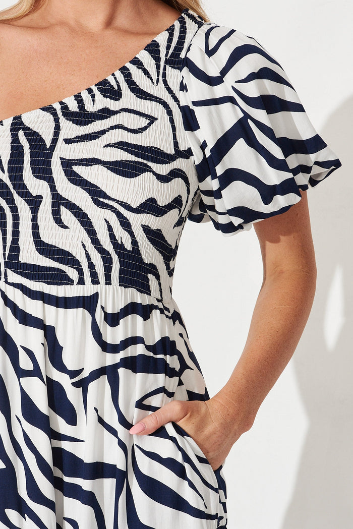 Hamy One Shoulder Midi Dress In White With Navy Zebra Print - detail
