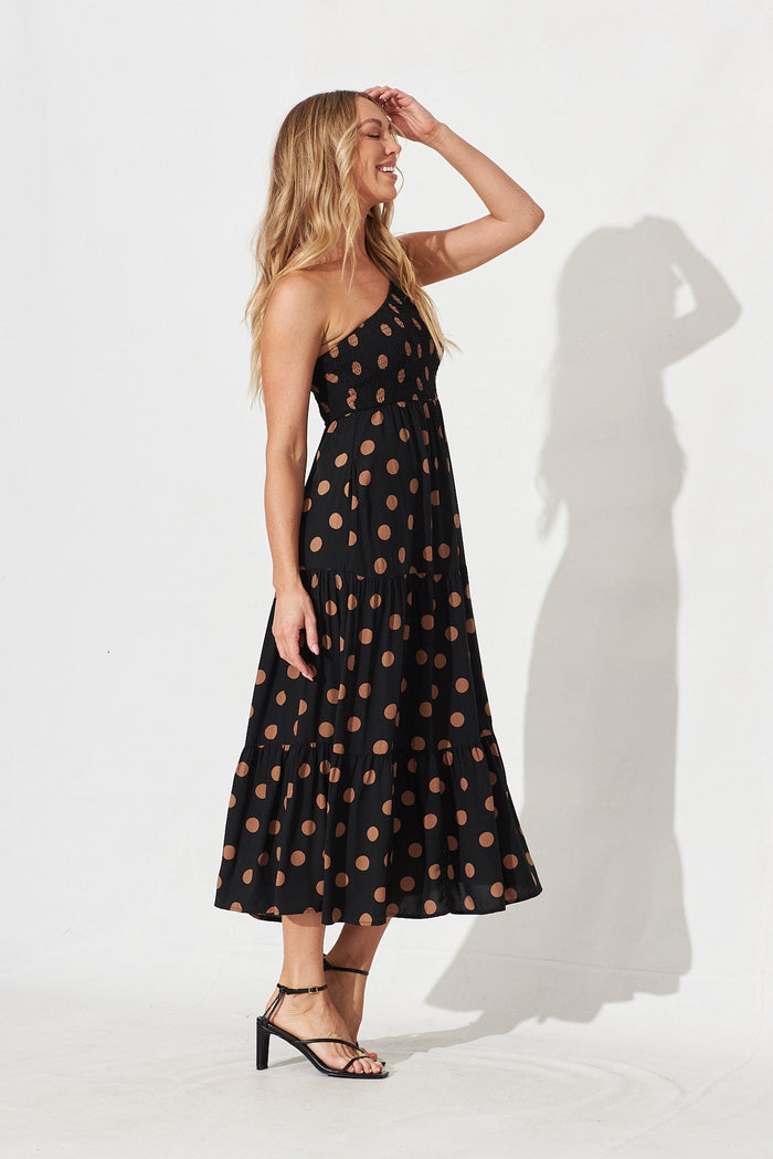 Hanny One Shoulder Midi Dress In Black With Brown Spot - right side