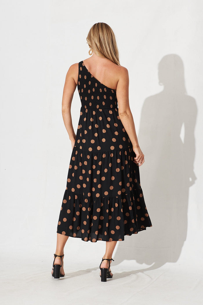 Hanny One Shoulder Midi Dress In Black With Brown Spot - back