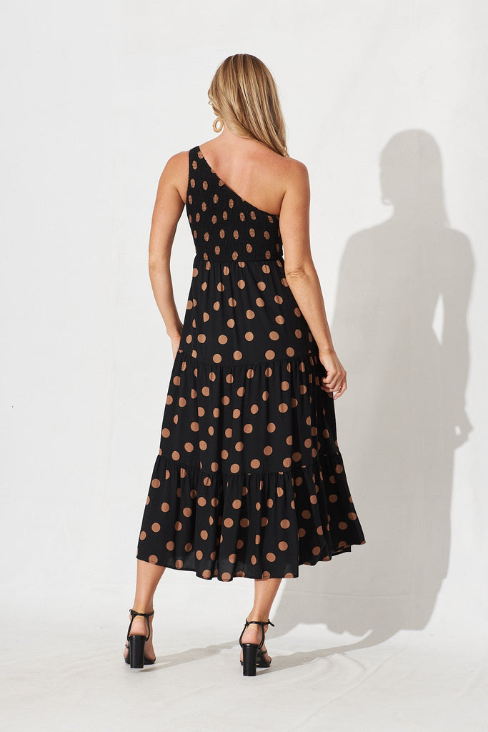 Hanny One Shoulder Midi Dress In Black With Brown Spot - back