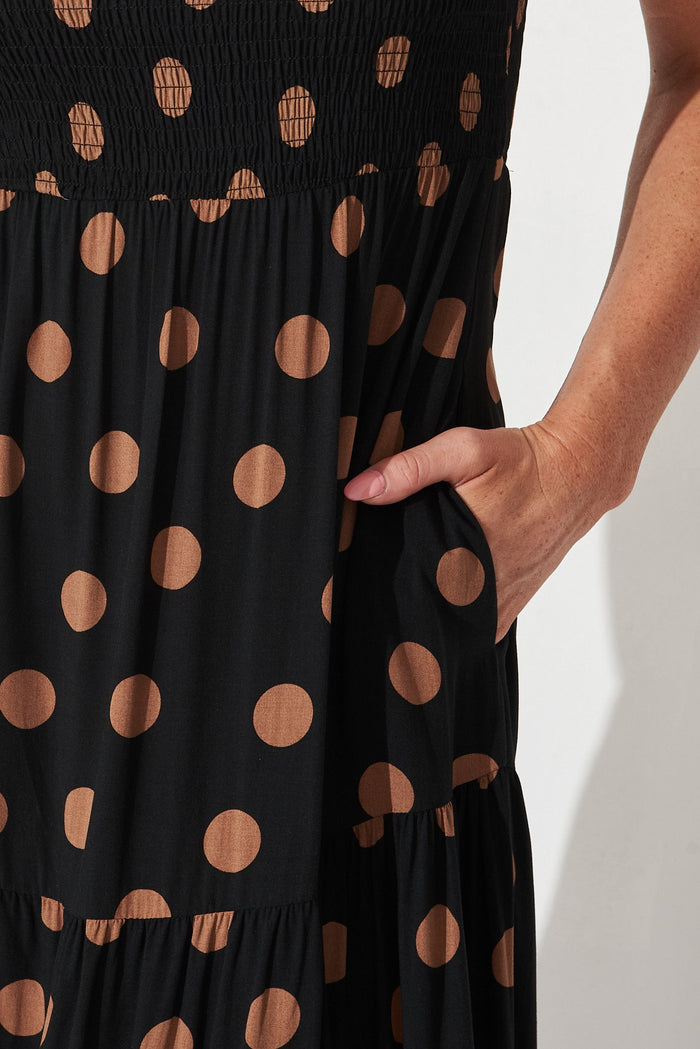 Hanny One Shoulder Midi Dress In Black With Brown Spot - detail