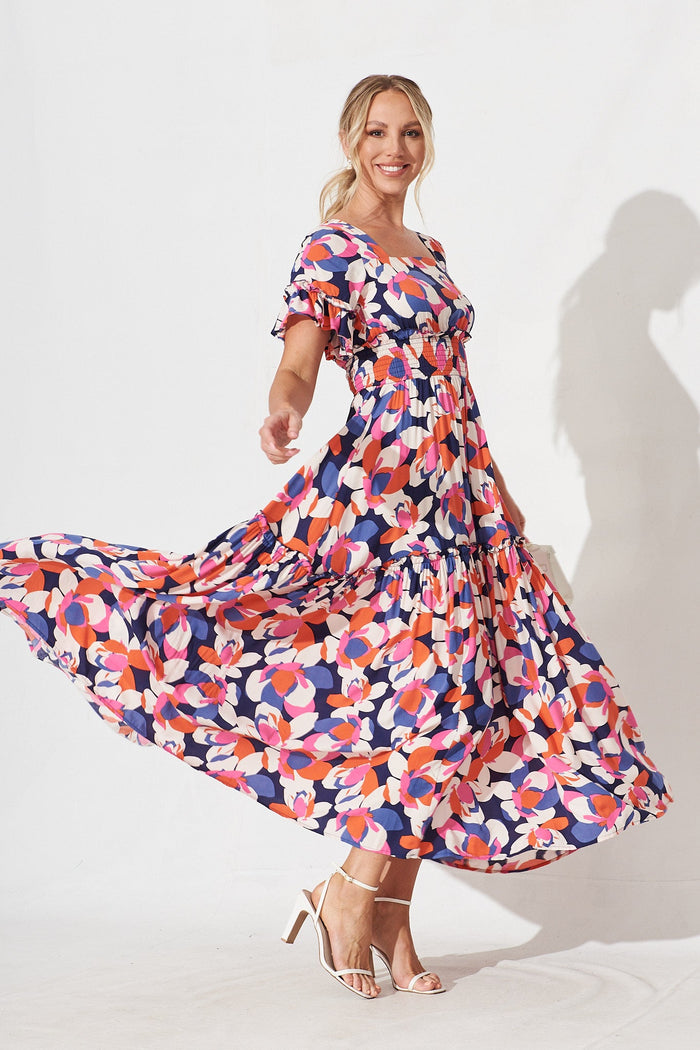Robina Maxi Dress In Navy With Pink And Red Floral - side