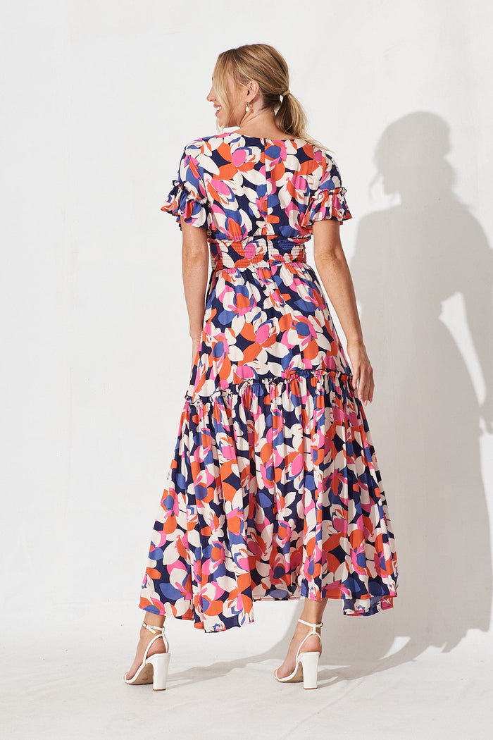Robina Maxi Dress In Navy With Pink And Red Floral - back