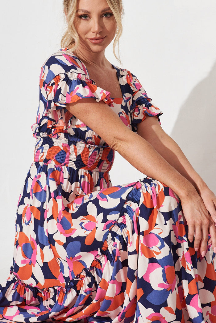 Robina Maxi Dress In Navy With Pink And Red Floral - detail