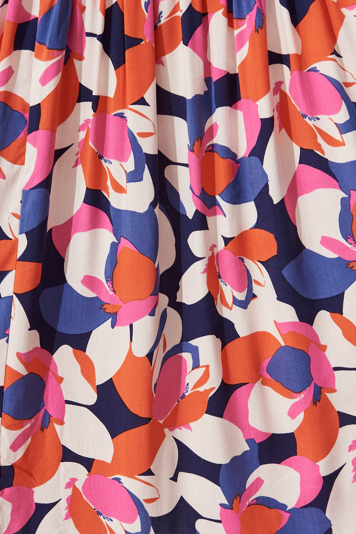 Robina Maxi Dress In Navy With Pink And Red Floral - fabric