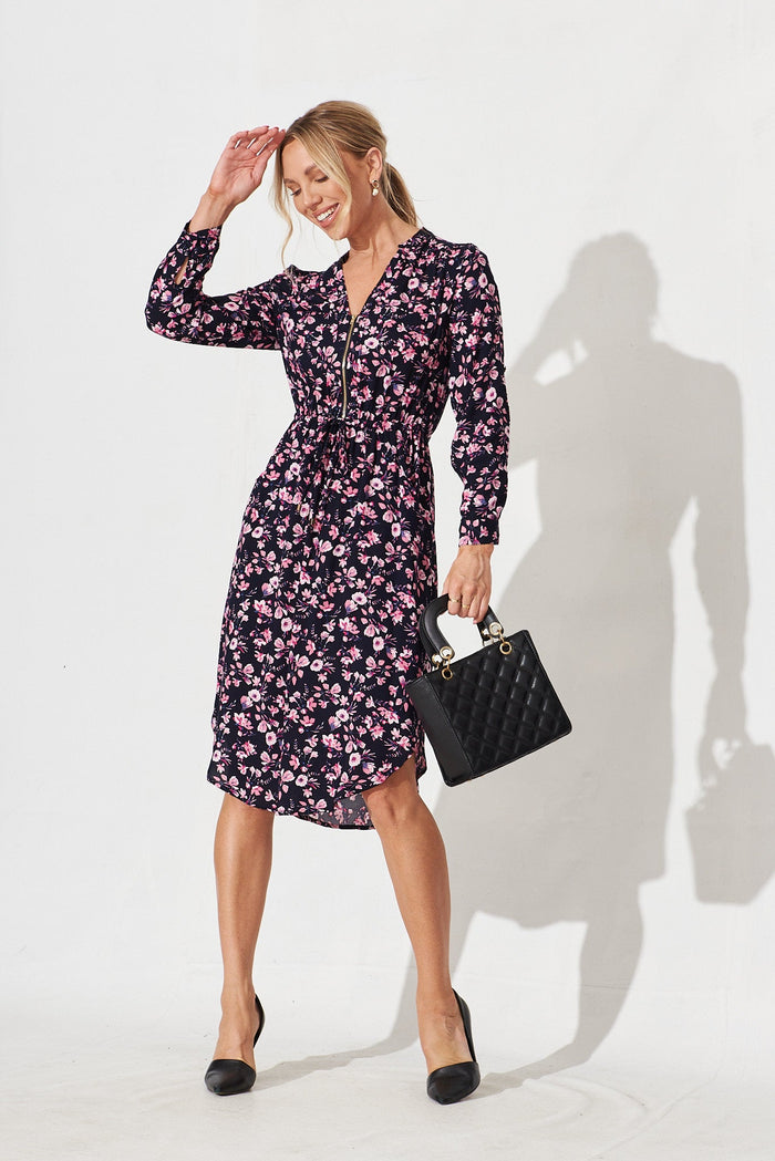 Rival Zip Dress In Navy With Pink Floral - full length