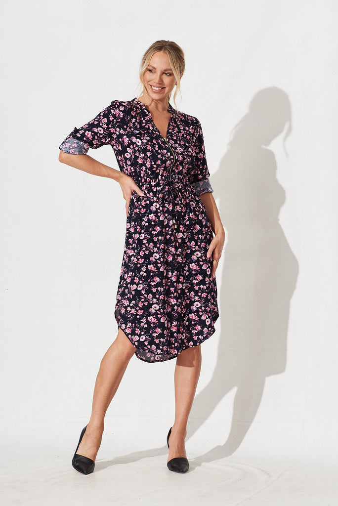 Rival Zip Dress In Navy With Pink Floral - full length