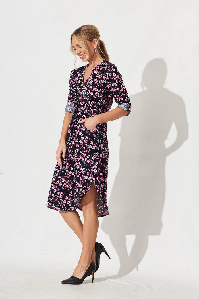Rival Zip Dress In Navy With Pink Floral - side