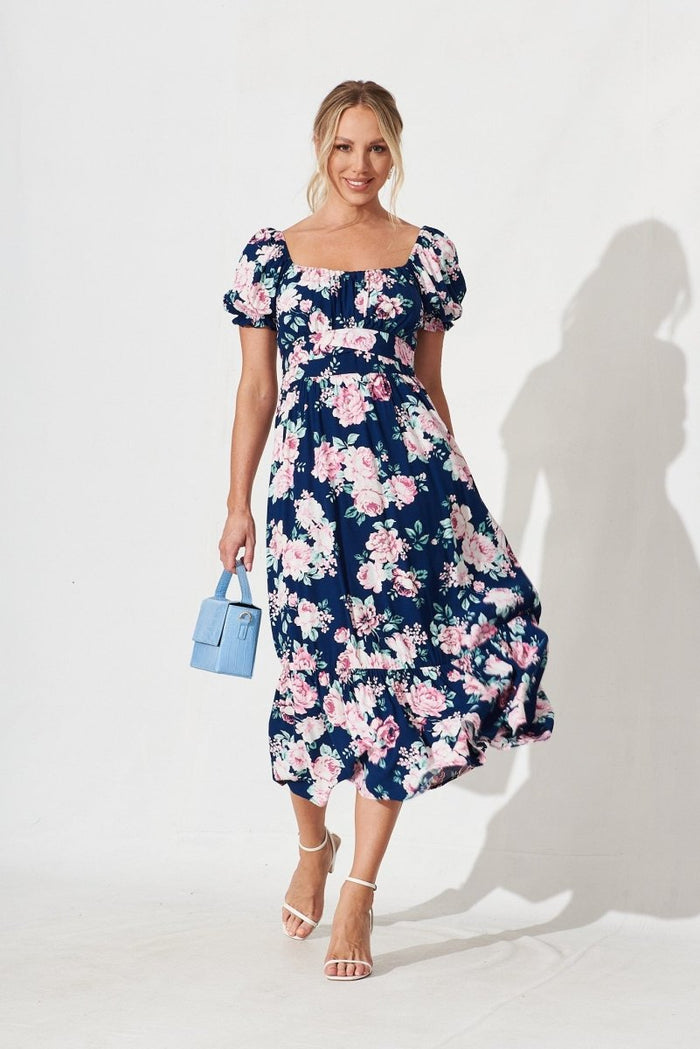 Candie Midi Dress In Navy With Pink Floral - St Frock (Dev)