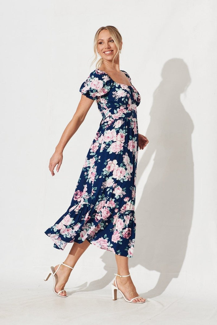 Candie Midi Dress In Navy With Pink Floral - St Frock (Dev)