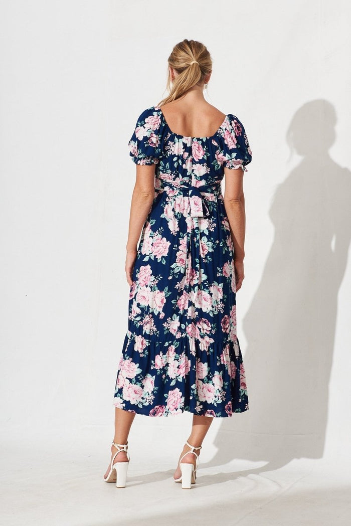 Candie Midi Dress In Navy With Pink Floral - St Frock (Dev)
