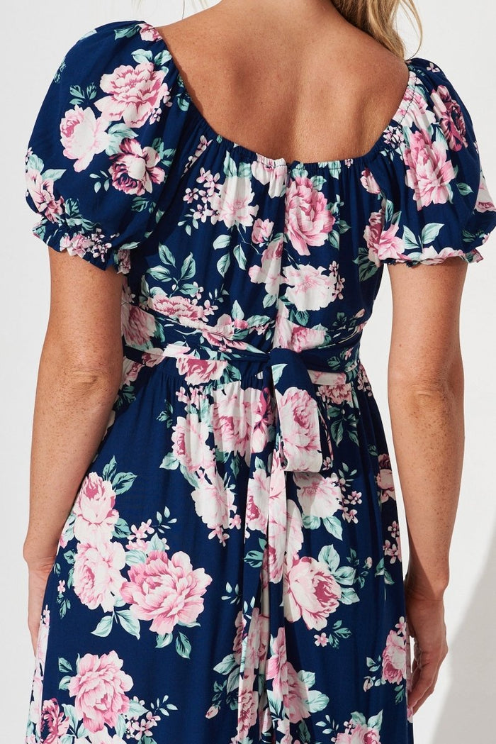 Candie Midi Dress In Navy With Pink Floral - St Frock (Dev)