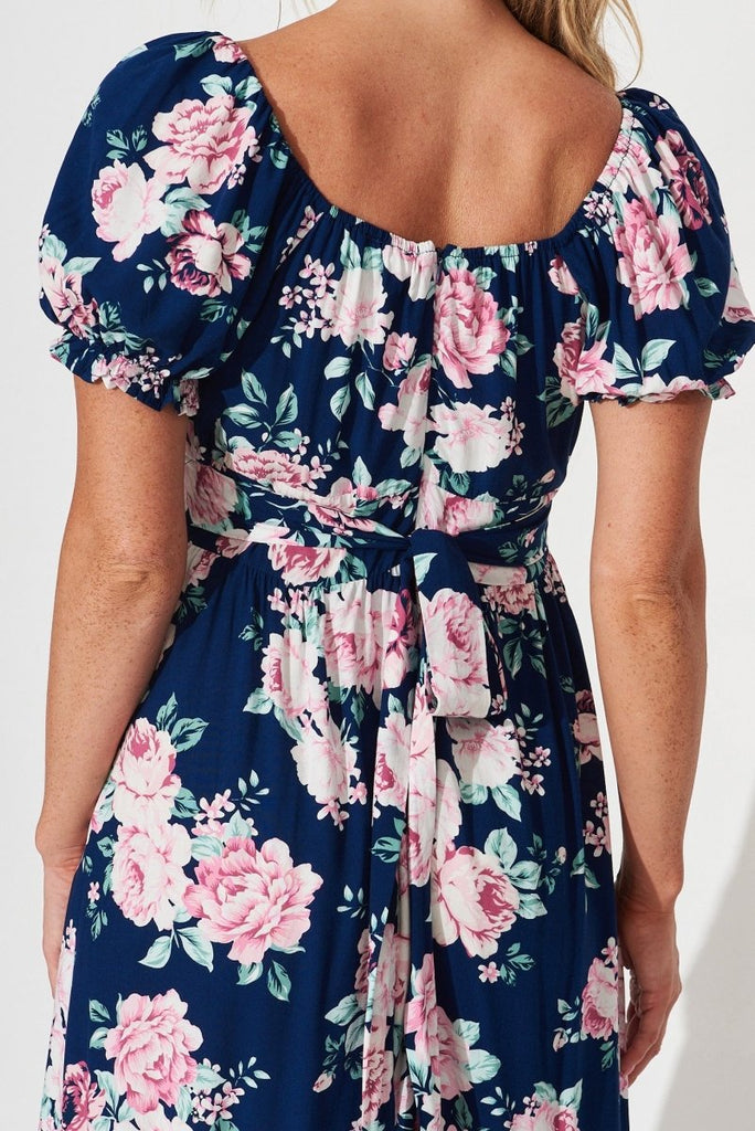Candie Midi Dress In Navy With Pink Floral - St Frock (Dev)