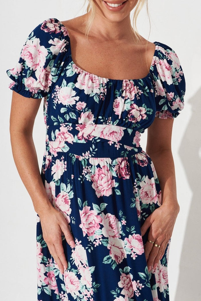 Candie Midi Dress In Navy With Pink Floral - St Frock (Dev)