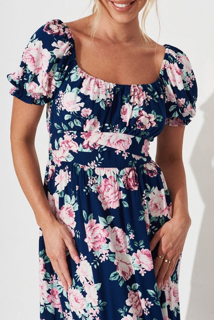 Candie Midi Dress In Navy With Pink Floral - St Frock (Dev)