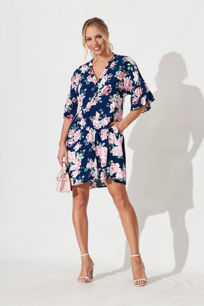 Rasta Smock Dress In Navy With Pink Floral - full length