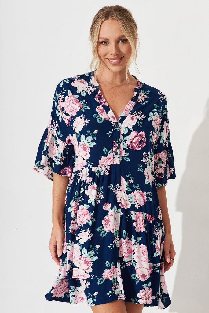 Rasta Smock Dress In Navy With Pink Floral - front