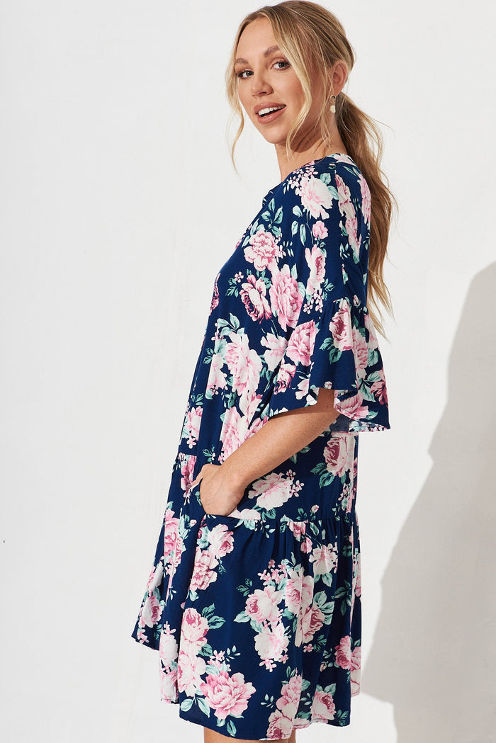 Rasta Smock Dress In Navy With Pink Floral - side