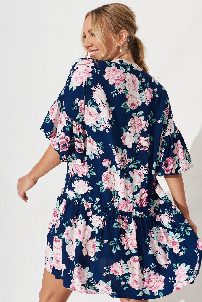 Rasta Smock Dress In Navy With Pink Floral - back