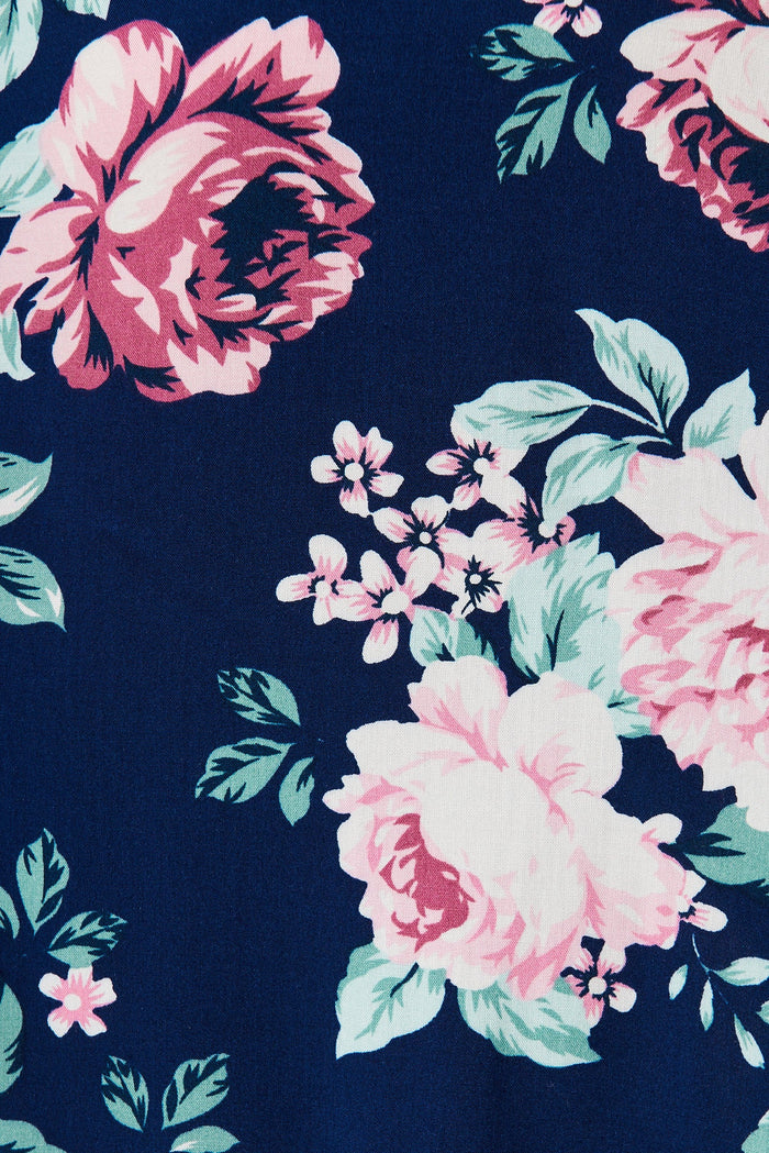 Rasta Smock Dress In Navy With Pink Floral - fabric