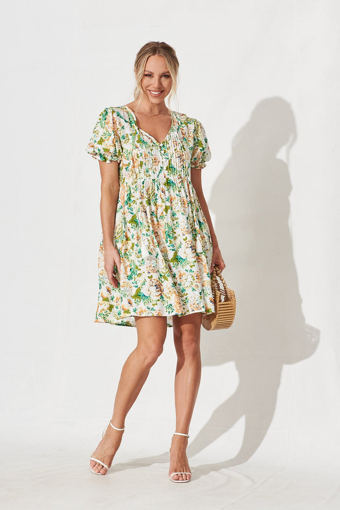 Kellen Smock Dress In White With Multi Floral - full length