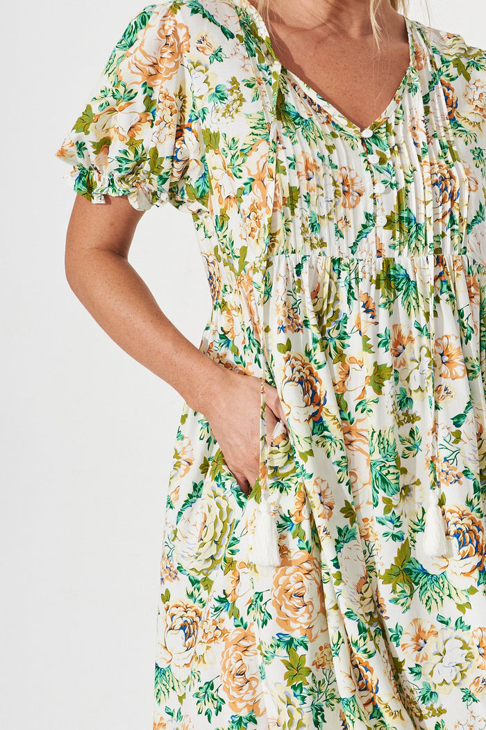 Kellen Smock Dress In White With Multi Floral - detail