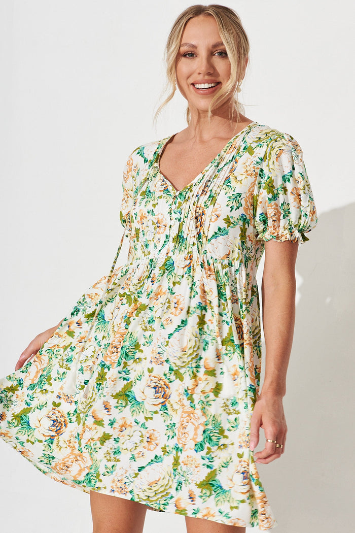 Kellen Smock Dress In White With Multi Floral - front