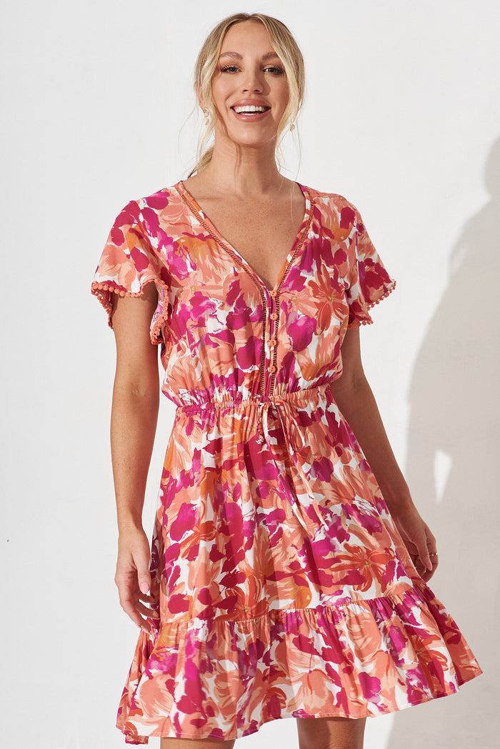 Mayfair Dress In Pink And Orange Floral - front