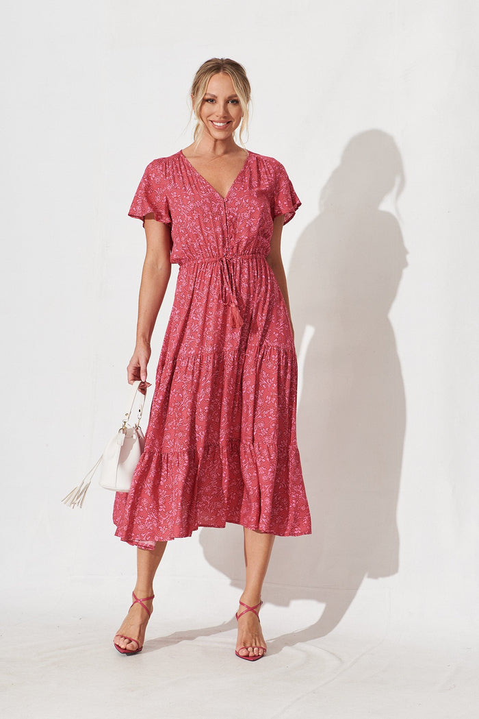 Elxi Maxi Dress In Red With Pink Floral Print - full length