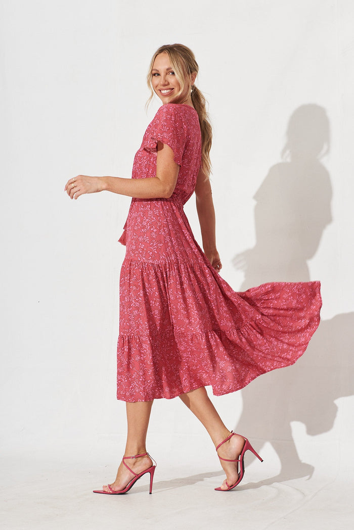 Elxi Maxi Dress In Red With Pink Floral Print - side