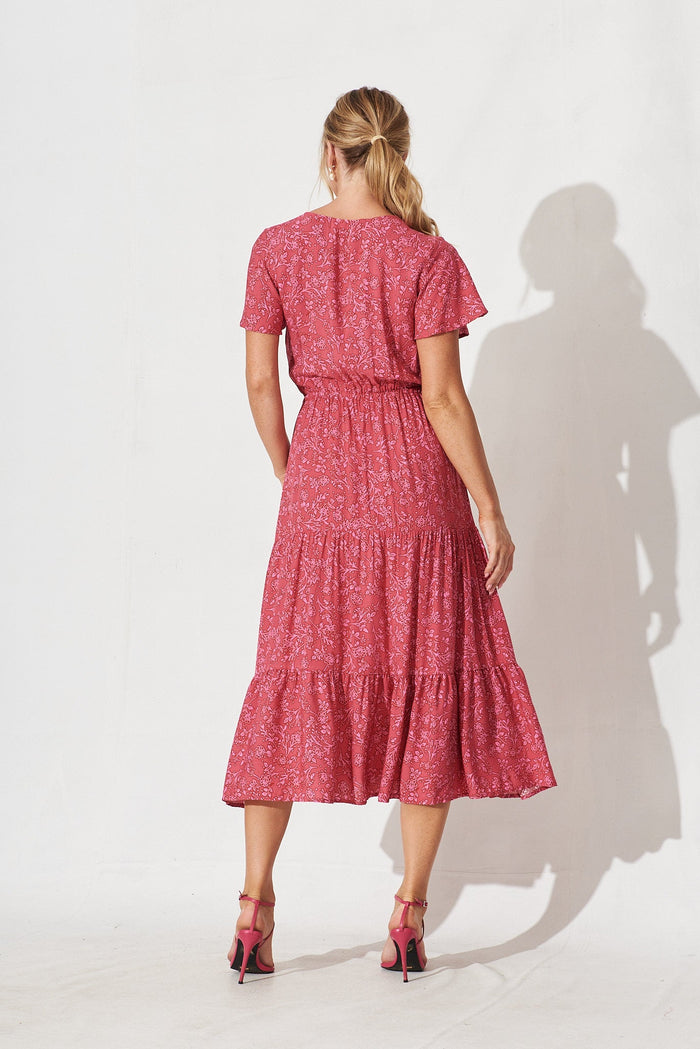 Elxi Maxi Dress In Red With Pink Floral Print - back