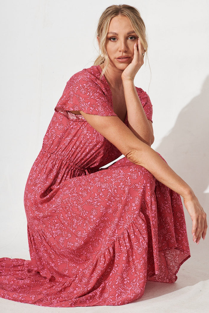 Elxi Maxi Dress In Red With Pink Floral Print - detail sitting
