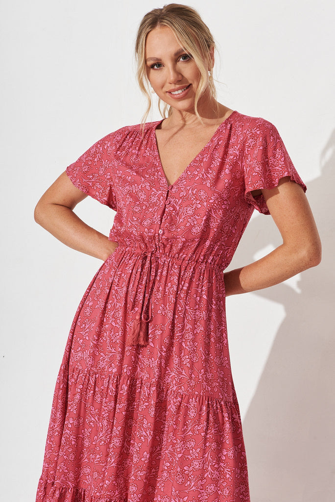 Elxi Maxi Dress In Red With Pink Floral Print - front