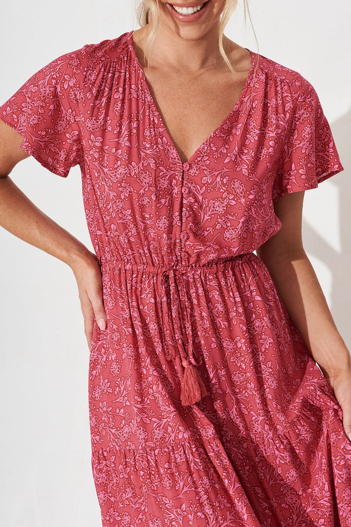 Elxi Maxi Dress In Red With Pink Floral Print - detail