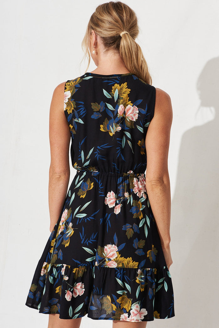 Narooma Dress In Black With Green Floral - back