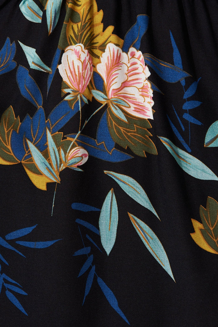 Narooma Dress In Black With Green Floral - fabric