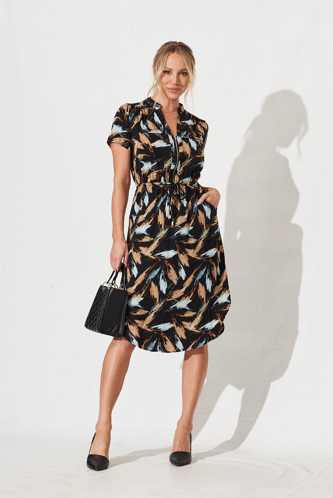 Go Getter Zip Dress In Black With Beige Print - full length