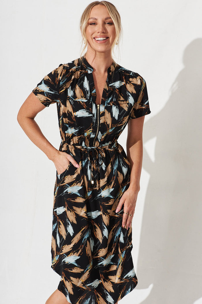 Go Getter Zip Dress In Black With Beige Print - front