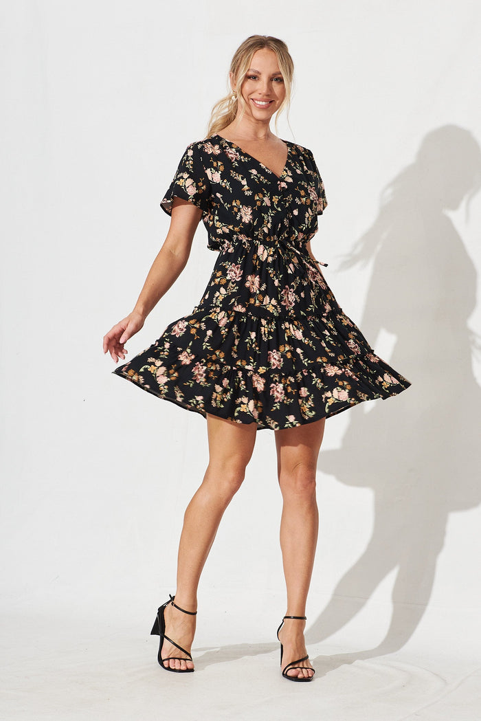 Kimovale Dress In Black With Pink Floral - full length