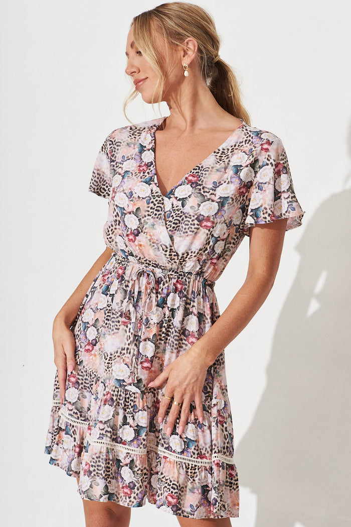 Prissa Dress In Brown Leopard With Pink Floral - front