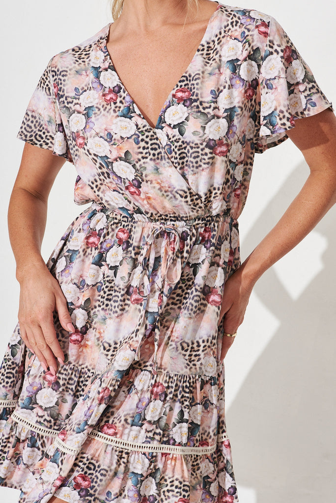 Prissa Dress In Brown Leopard With Pink Floral - detail