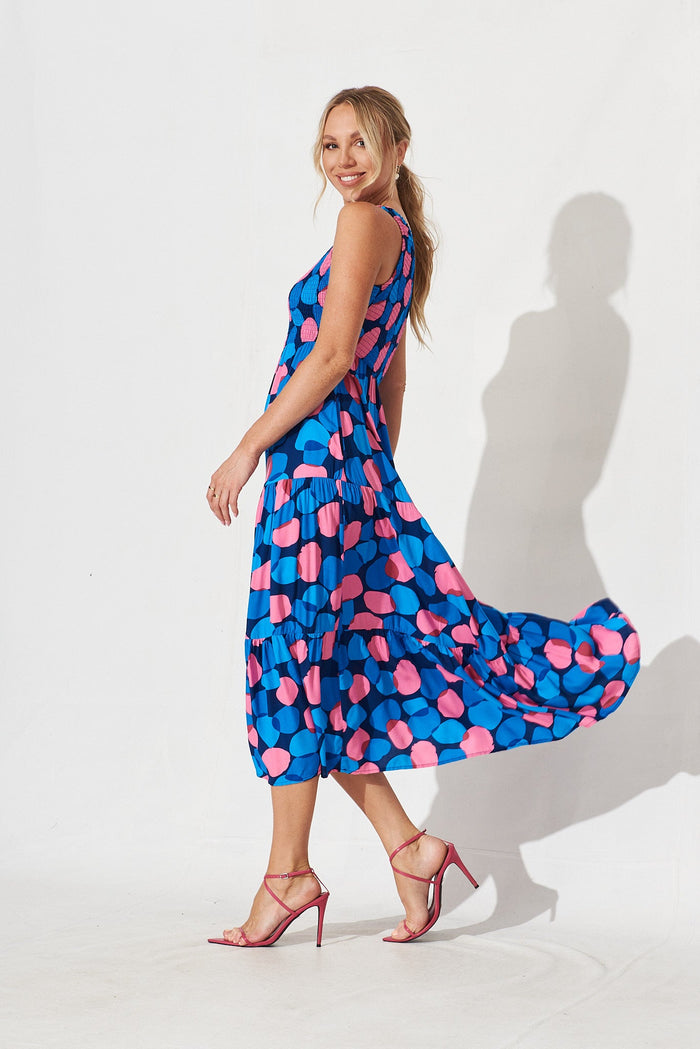 Hanny One Shoulder Midi Dress In Navy With Blue Spot - left side