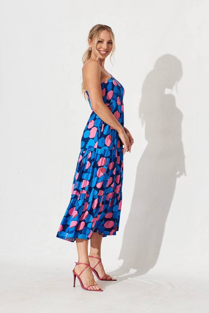 Hanny One Shoulder Midi Dress In Navy With Blue Spot - right side