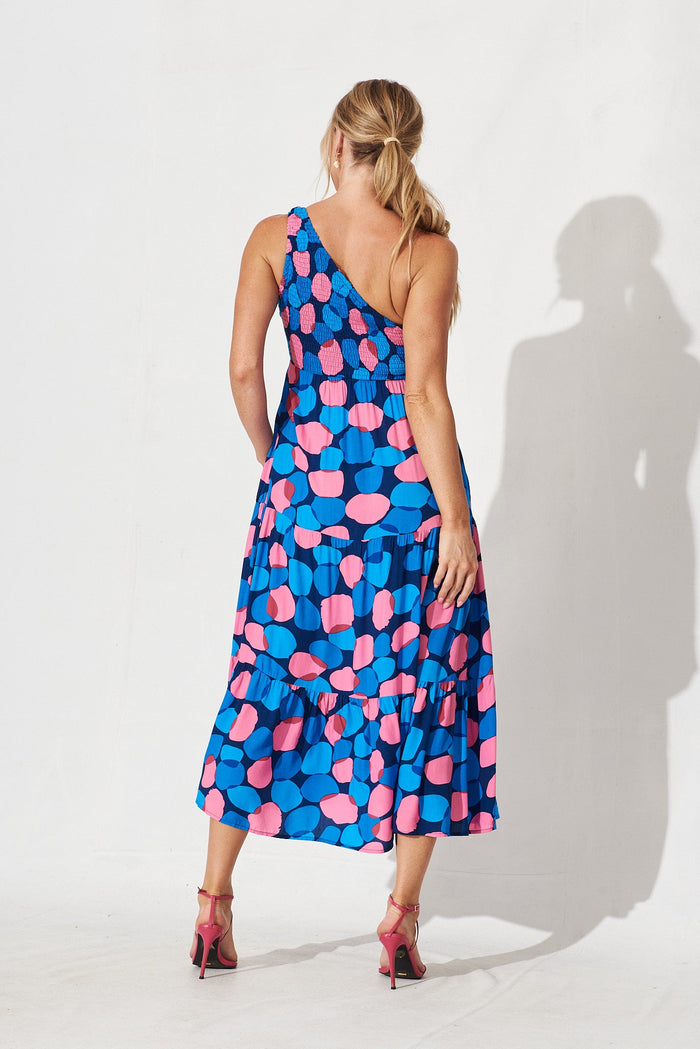 Hanny One Shoulder Midi Dress In Navy With Blue Spot - back