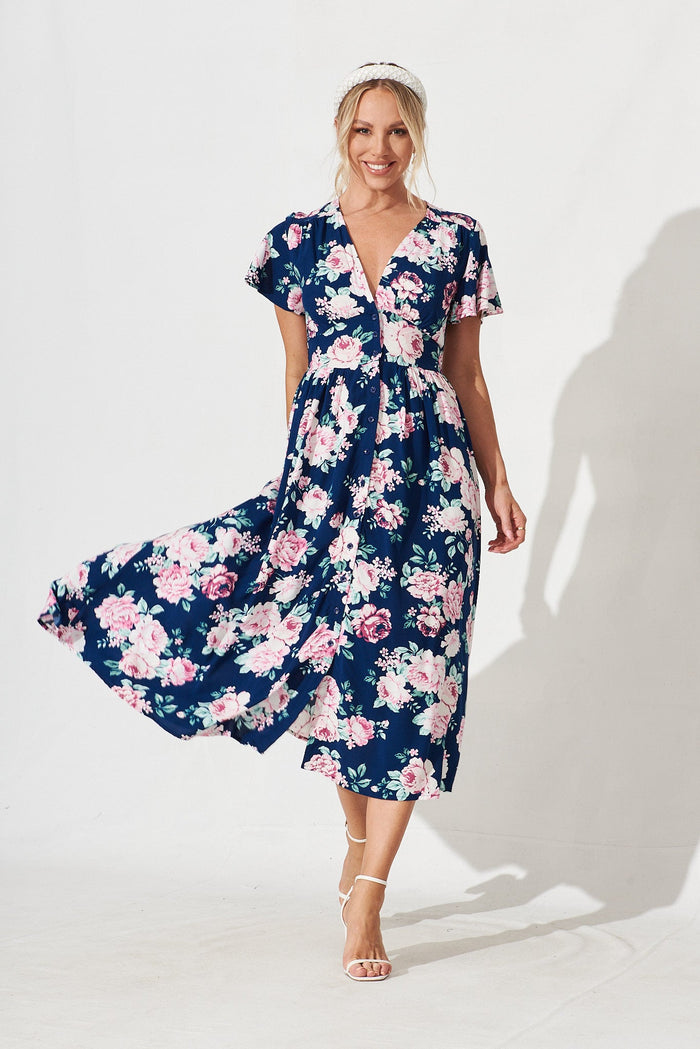 Nikke Midi Dress In Navy With Pink Floral - full length