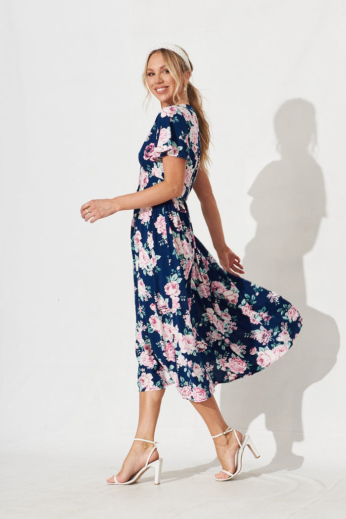 Nikke Midi Dress In Navy With Pink Floral - side